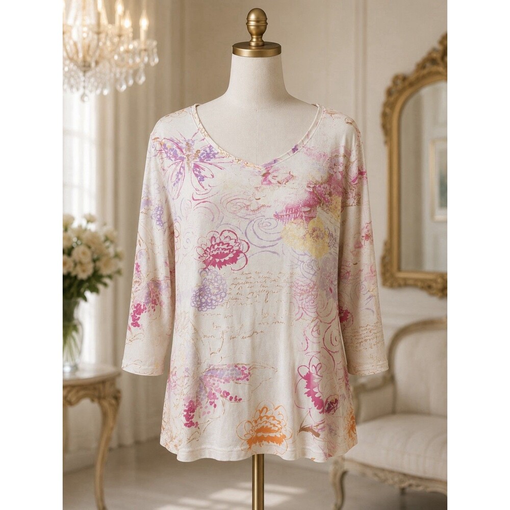 Christopher & Banks Women’s L Floral 100% Cotton Top 3/4 Sleeve Multicolor
